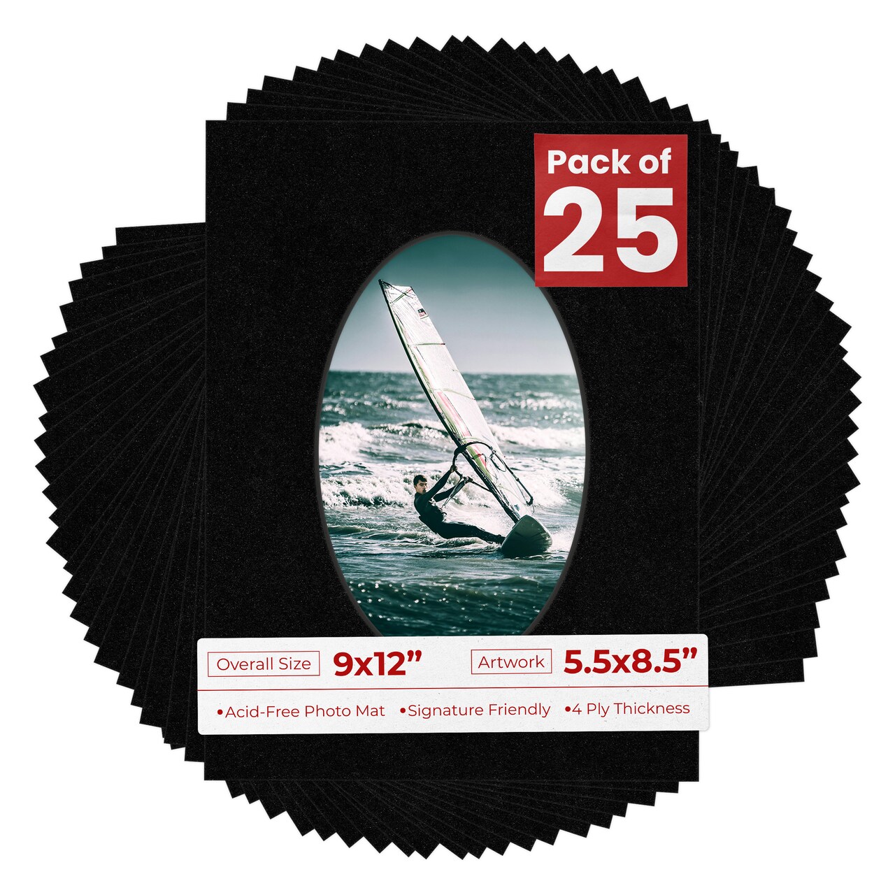 Black with Black Core Mat Board for 9x12 Frames - Oval Opening for 5.5x8.5 Photos